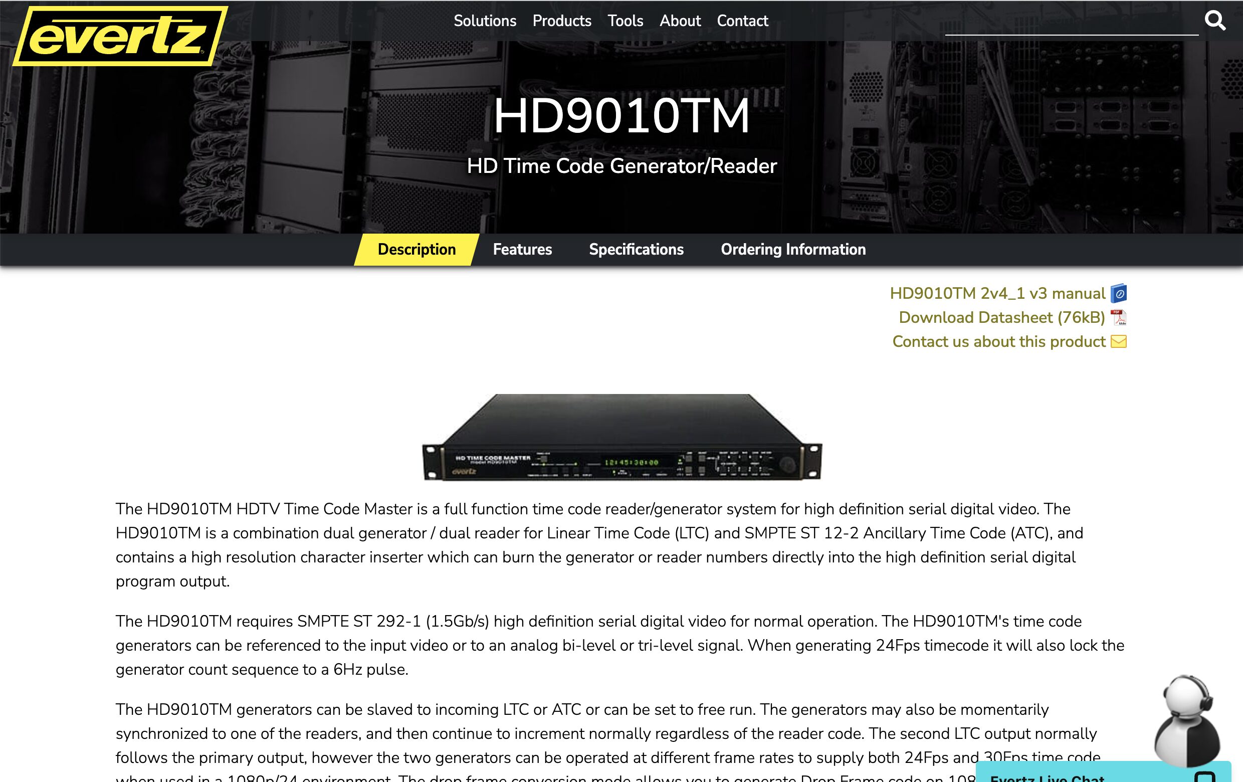 HD9010-タイムコードジェネレーター製品ページのevertzウェブサイトのスクリーンショット